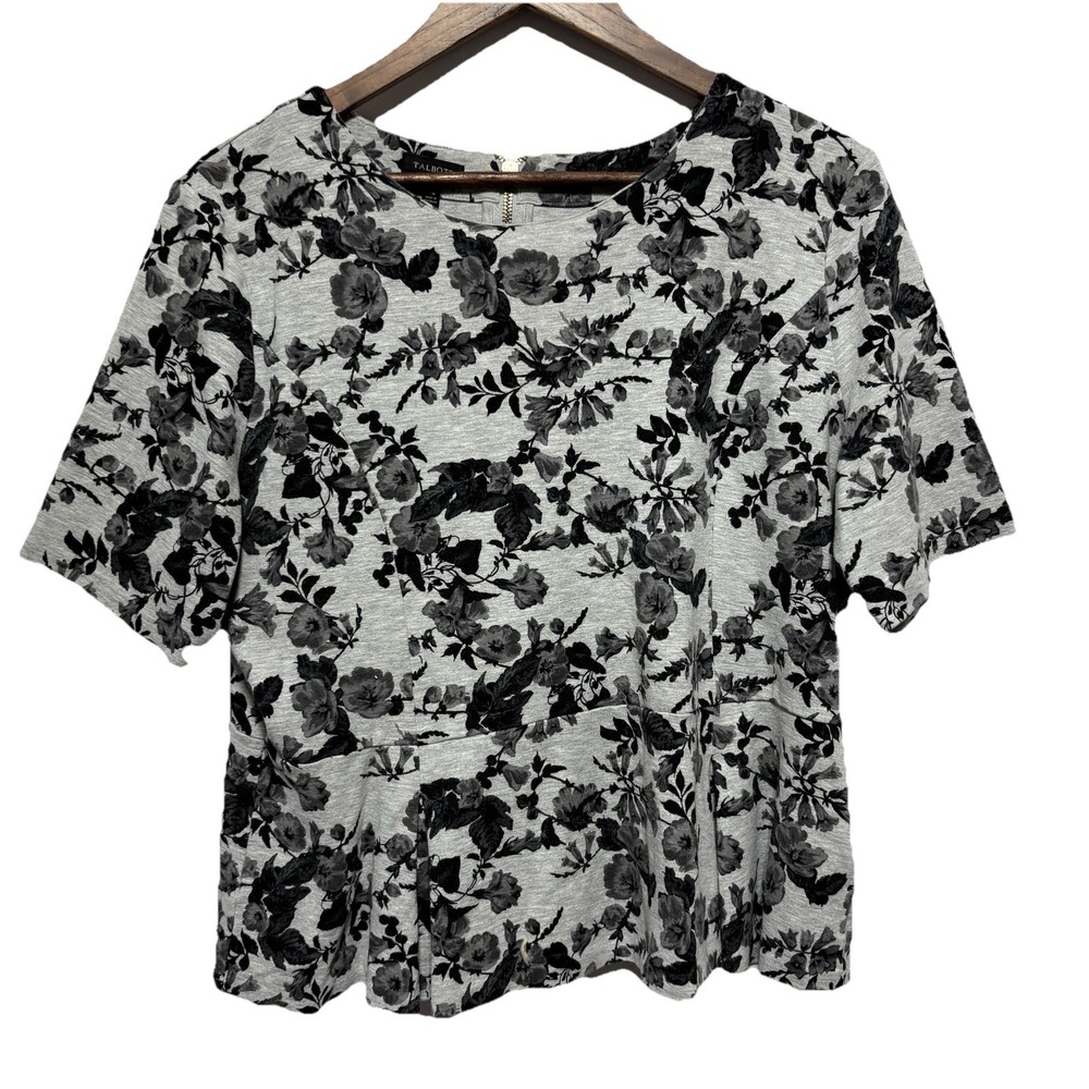 Talbots Top Womens XL Gray Black Peplum Stretch Knit Short Sleeve Cropped